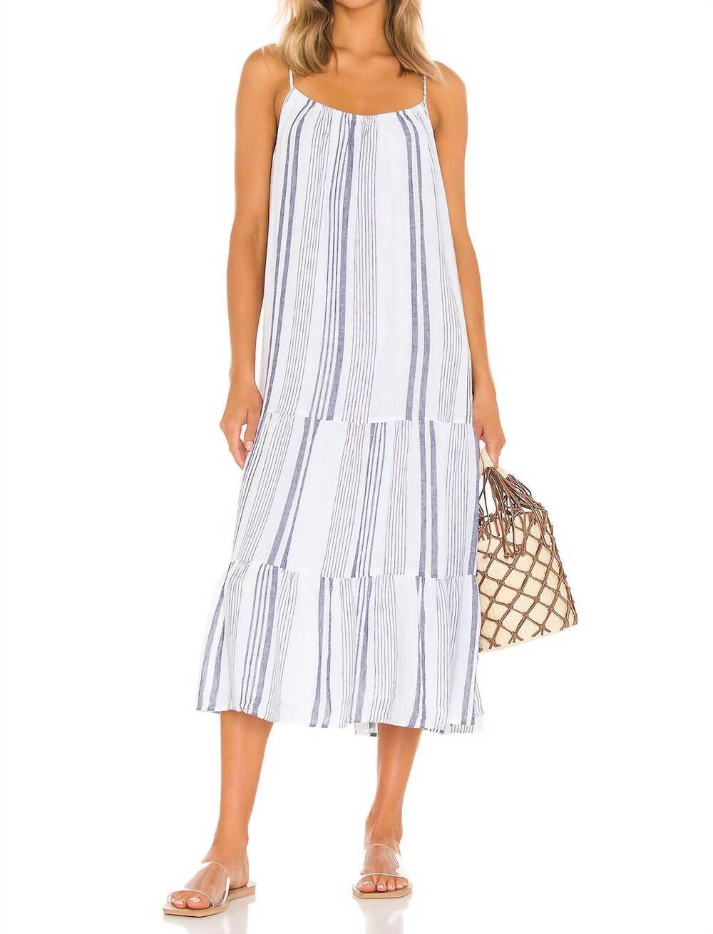 NEW RAILS adora ruffled midi dress in dresden stripe